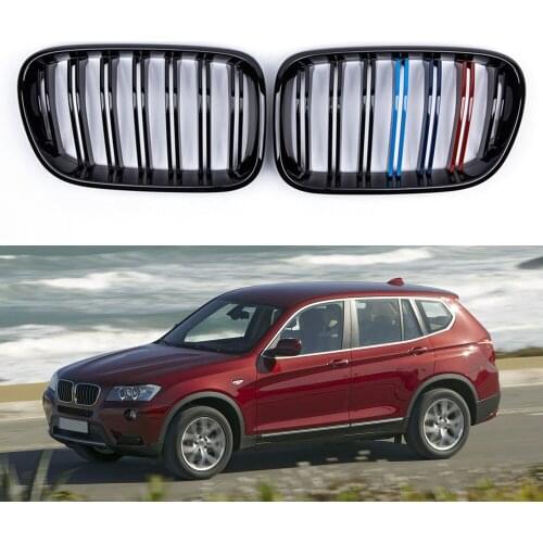 1 Pair Front Grille Kidney Grill Double Slat Gloss Black Racing Grills Car Styling Accessories For BMW F25 X3 2010-2013