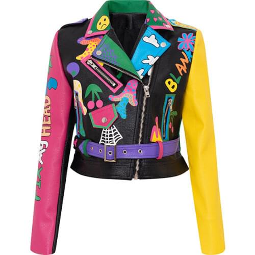 LMCAVASUN Casual Autumn Outerwear Rivet Decoration Black Jacket for Women Leopard Pattern PU Leather Jackets & Coats