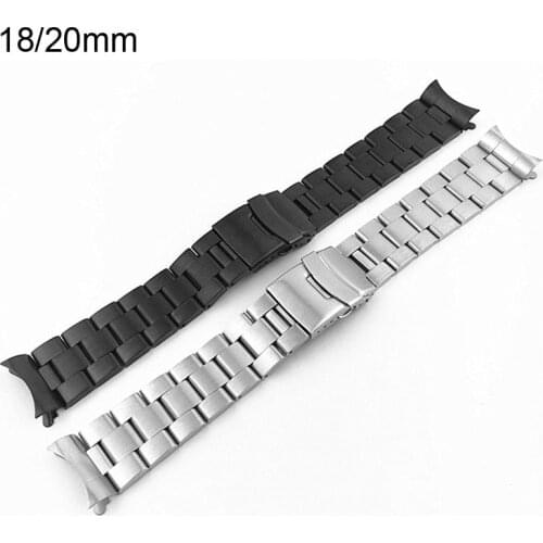 20mm 22mm Curved End Watch Band Unisex Stainless Steel Metal Wristwatch Strap Double Safety Deployment Clasp Bracelet with Pins