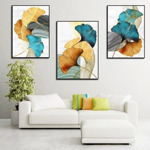 Sector Blue Yellow Gold Leaf Canvas Poster Flower Plant Prints Painting Abstract Wall Art Nordic Modern Pictures Home Decor