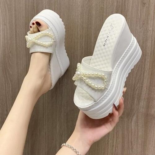 Wedges Heels Platform Slippers Women For Summer Pearl Bow-knot High Heels Sandals Women Black White Slippers Heels Women Slides