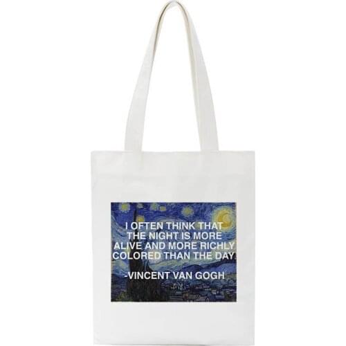 New Fashion Summer Womens Large-capacity Shoulder Bag Van Gogh Letters Fun Printed Vintage Canvas Harajuku Casual Shoulder Bags