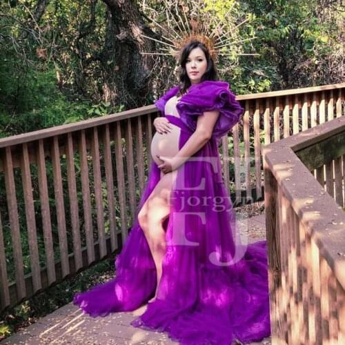 Mysterious Purple Tulle Robe Femme Hiver 2021 Big Tiered Flare Sleeve Pregnant Woman Baby Shower Party Dresses Robe Sexy Dresses