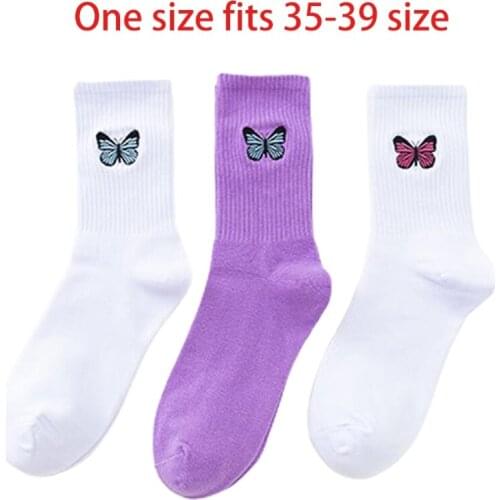 Women Ribbed Striped Sport Long Crew Socks Harajuku Butterfly Embroidered Solid Color Skateboard Cotton Tube Stockings