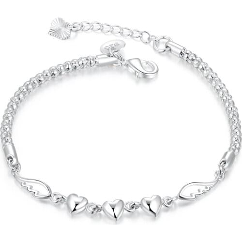 925 Sterling Silver Double Angel Wings Heart Charm Bracelets For Women Fashion Crystal Sterling-silver-jewelry Pulseira Feminina