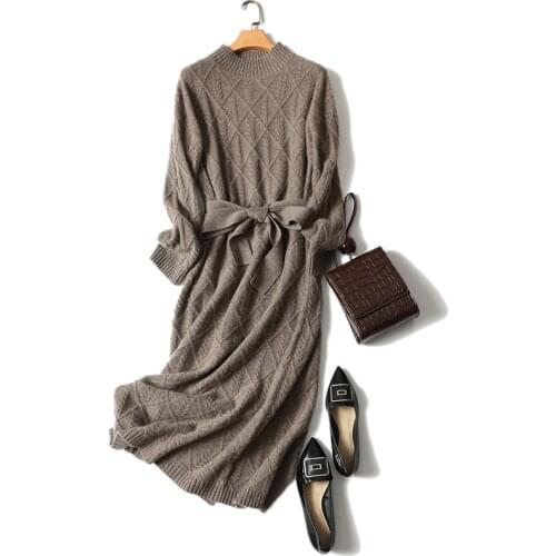 Half-high neck cashmere sweater womens mid-length autumn and winter new slim knitted dress plaid sweater base