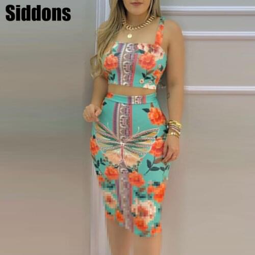 2021 Ninimour Women Sleeveless Floral Butterfly Print Square Neck Crop Top & Midi Skirt Set Summer Exotic Sexy 2PCS Set