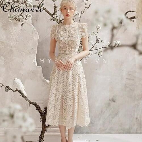 2021 Summer New Flower Lace Crochet Hollow Out Long Dress Short Sleeve Waist-Slimming Apricot Dress for Lady