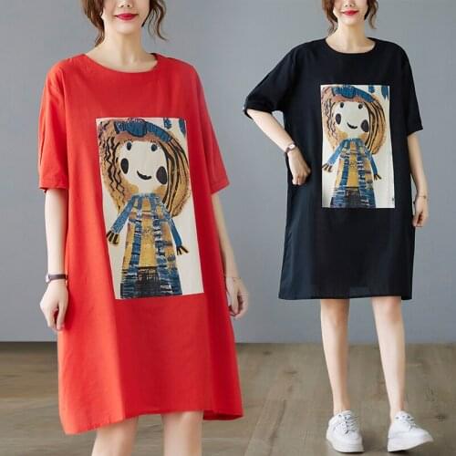 2021 New Arrival Print Cartoon Sweet Girls Shirts Dress Cotton Linen Loose Summer Dress Holiday Travel Casual Women Beach Dress