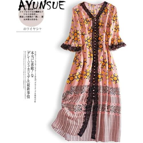Real Silk Dress Women Spring Summer Dress Korean Fashion Print Midi Dress Elegant Vintage Party Dress Vestido Mujer 3435 YY2641