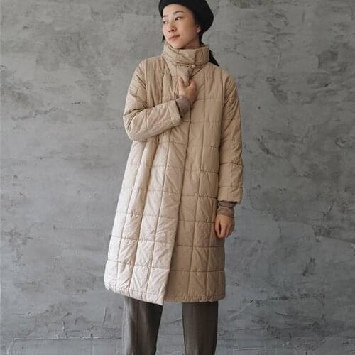 SCUWLINEN Winter Coats 2020 Casual Solid Grid Stand-collar Thick Warm Long Straight Loose Cotton-padded Jackets Morandi P174
