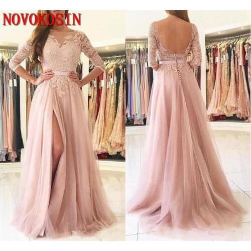 2019 Bridesmaid Dresses Blush Pink Lace Appliques Tulle Split Sashes Open Back Long Wedding Guest Dress Maid Of Honor Gowns