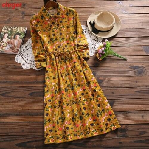 6 Colors Women Corduroy Floral Midi Dress Spring Autumn 2021 Long Sleeve Boho Retro Elegant Casual Korean Runway Vestido Leopard