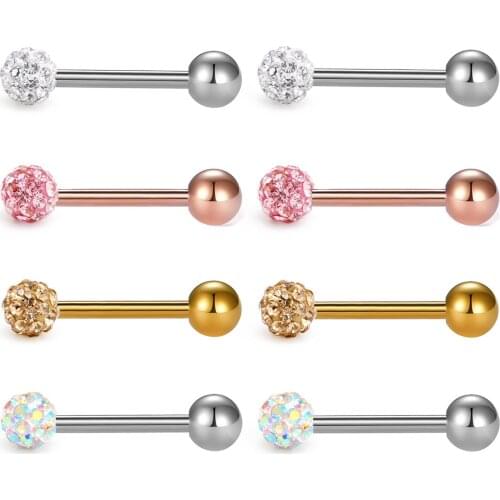 JFORYOU Tongue Rings 14G 316L Surgical Steel Czech Rhinstone Paved Ball Metal Ball Nipple Piercing Body Jewelry Piercing 1/2 in