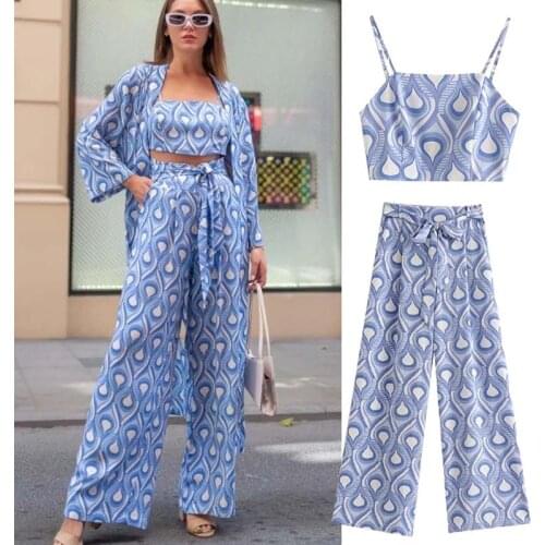Klkxmyt Za Pant Set Women Suit 2021 Vintage Blue Print Elastic Crop Top+High Waisted Pants Suit 2 Piece Sets Woman Casual Outfit