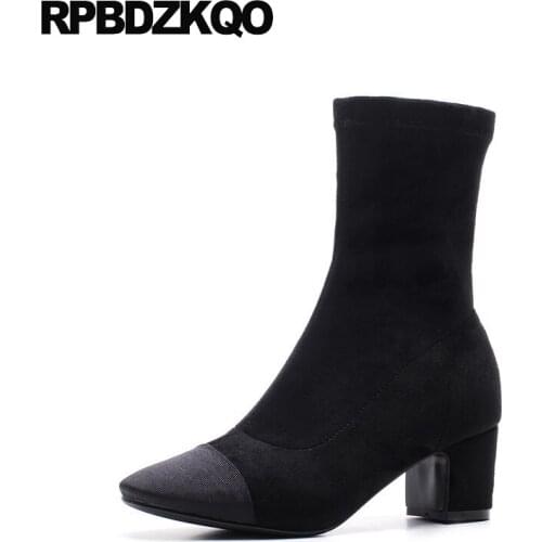 Square Toe Shoes Short Block Female Sheepskin Chunky Suede Winter 2017 Stretch Women Ankle Boots Medium Heel Designer Slip On