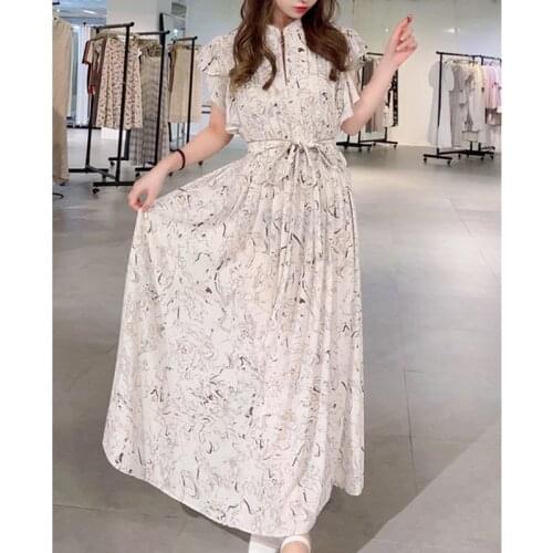 Summer One Piece Sweet Fresh Simple Print Japanese Style Kawaii Dresses for Women Elegant Pleated Bandage Slim Waist