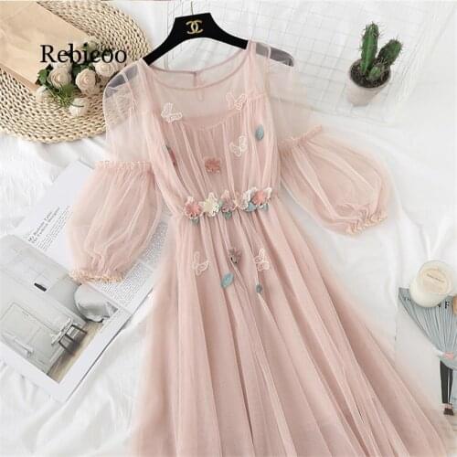 New Fashion Spring Women Dress Lantern Sleeve Lace Dresses Summer Two Piece Mesh Dress Girl Ball Gown Dress Vestidos