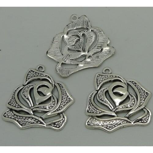 ALYMMO 6pcs/lot Antique Silver Big Blooming Rose Charms 27x28mm Beautiful Hollow Flower Pendant Jewelry Fings