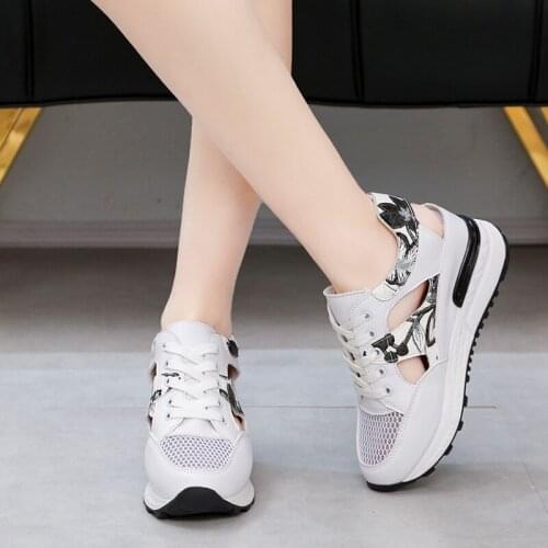 Summer Breathable Mesh Wedge Heel Sneakers Women White Leather Hollow Out Casual Shoes Woman Lace Up Vulcanize Shoes 2020
