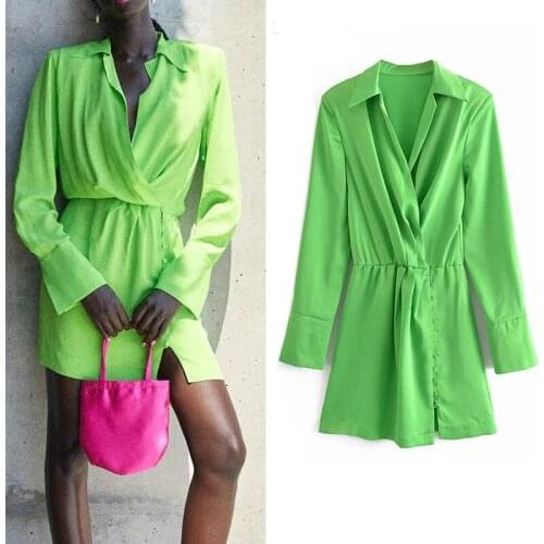 Za Green Satin Shirt Dress Woman 2021 Vintage Pleated Summer Short Dress Elegant Robe Long Sleeve Mini Casual Chic Female Dresse