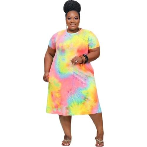CM.YAYA Tie Dye Print O-neck Short Sleeve Plus Size XL-5XL Women Slim Dress Vestidos Streetwear T-shirt Dresses