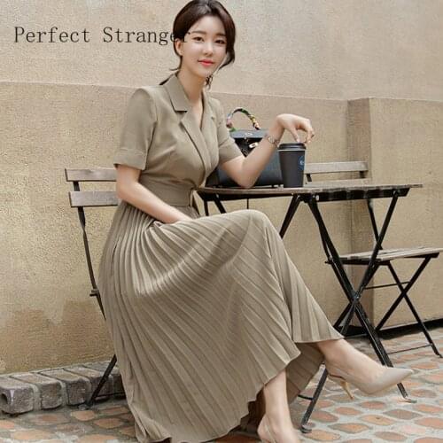 2020 Summer New Arrival High Quality Elegant Turn-down Collar Short Sleeve Collect Waist Pleated Women Chiffon Long Dress