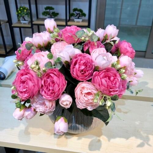 1 Bundle 9 Big Head Silk Peony Bouquet Home Decor Accessories Wedding Party Fake Plants Diy Pompons Artificial Roses Flowers