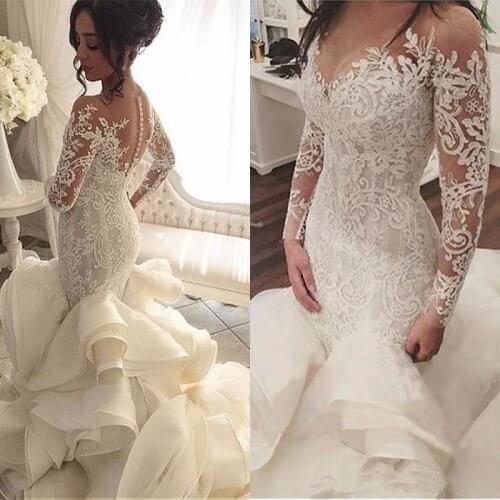 2019 Plus Size Organza Mermaid Wedding Dresses New Arrival Lace Long Sleeve Muslim Vestido De Noiva Romantic Appliques Ruffles