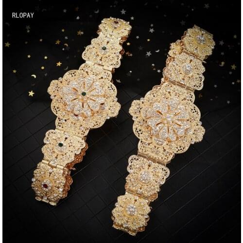 Big Size Morocco Robe Wedding Belts Full Crystals In Gold Metal Flower Bridal Belt Rhinestone Turkish Woman Belts for Dress