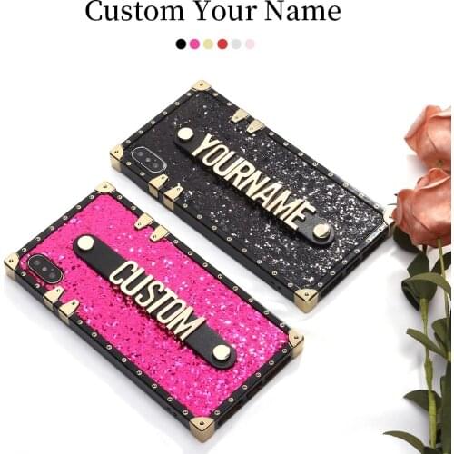 Custom Glitter Trunk Case Holding Strap Gold Metal Personalized Name Phone Case For iPhone 11 Pro 6S XS Max XR 7 7Plus 8 8Plus X