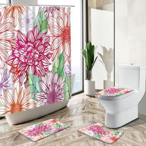 Elegant Seamless Floral Shower Curtain Retro Pastoral Bathroom Set Color Hand Painted Art Non-Slip Carpet Toilet Cover Floor Mat