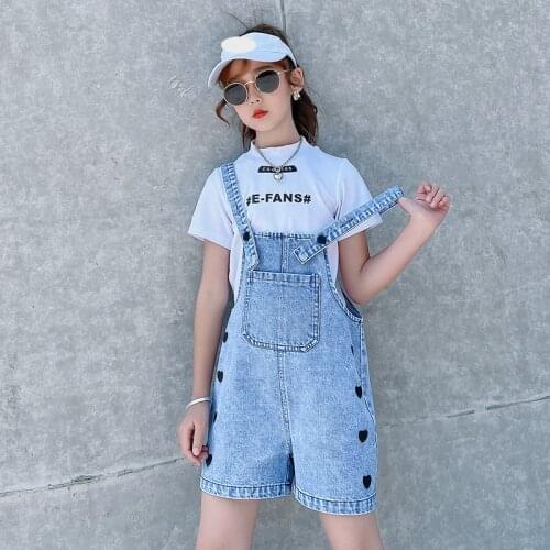 Teens Girl Summer Overalls Jeans Shorts Love Print Jumpsuit Fashion Washed Jeans Denim Straps Shorts Pants Cowboy Light Blue