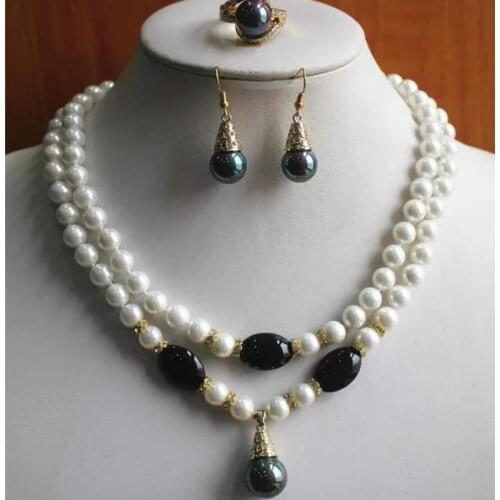 Fashion design 8mm white shell beads + black egg accessories metal plated set Earrings Ring Necklace Pendant