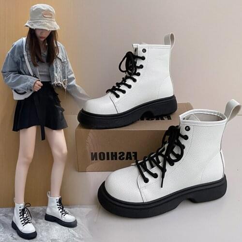 2021 New Motorcycle Womens Boots Winter Soft Leather Shoes Black Botas Wedges Female Lace Up Platforms Women White Botas Mujer