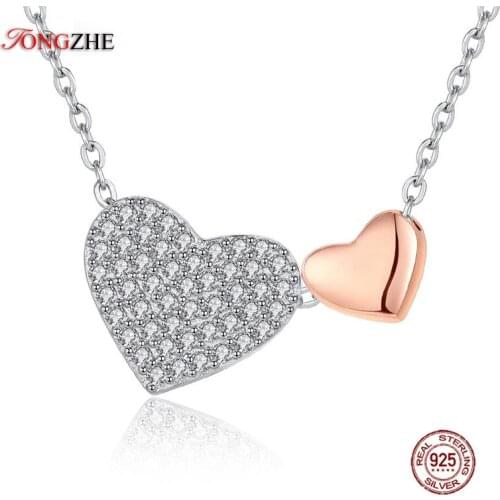 TONGZHE 925 Sterling Silver Love Heart Necklaces & Pendants Luxury CZ Rose Gold Necklace For Women Fine Jewelry Colar Bijoux