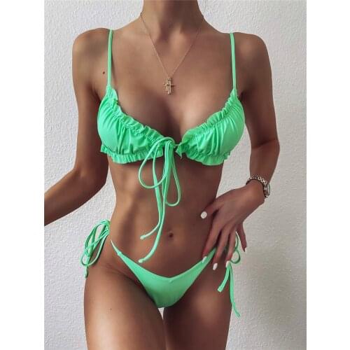 Sexy Bandage Women Split Bikini Suit Solid Color Lace Up Ruched Swimsuit Push Up Ladies Two Pieces Swimwear Summer Bathing Suit