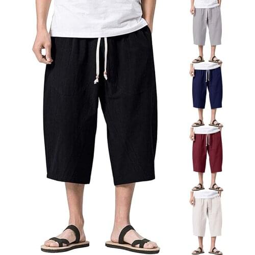 Summer Men Casual Solid Colors Cotton Linen Elastic Waist Drawstring Wide Leg Baggy Harem Bermuda Shorts Pantalones Hombre
