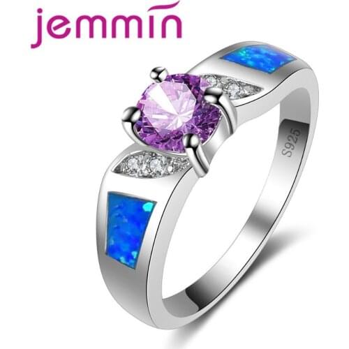 Stylish Blue Fire Opal Rings For Women Wedding Band Fashion Jewelry Purple CZ Crystal Silver Ring