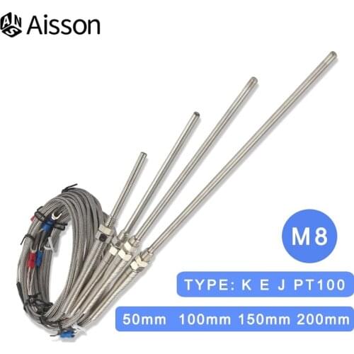 0-800℃ K J Type PT100 M8 1m 2m 3m 5m Screw Thread Stainless Steel Probe Thermocouple 50mm 150mm 100mm 200mm
