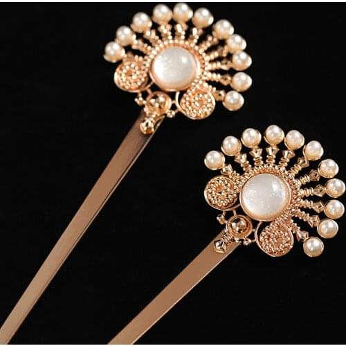 Chinese Traditional Fan Hair Stick Hairclip Simulated Pearl Hair Accessories Women Costume Classic Metal Charm Hairpins Jewelry