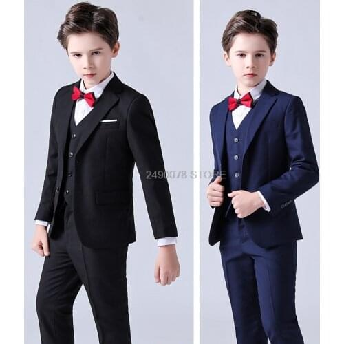 Kids Jacket Vest Pants Bowtie 4Pcs Dress Flower Boys Luxurious Wedding Suit Children Piano Show Performance Party Costume