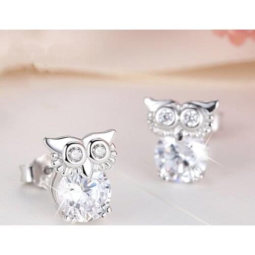 Female Cute Owl Crystal Stud Earrings Vintage Silver Color Small Earrings For Women Fashion Bride White Zircon Wedding Earrings