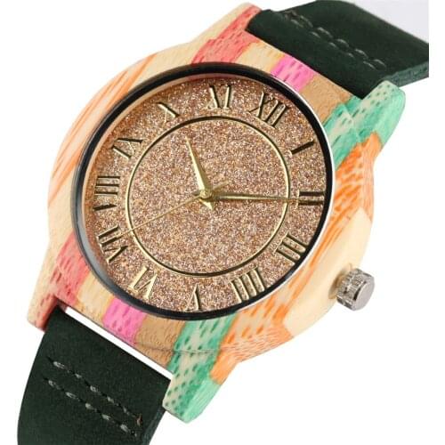 Ultra-light Wood Watch for Lady Quartz Genuine Leather Wristwatch Colorful Wooden Case Roman Numerals Display Womens Watch Gifts