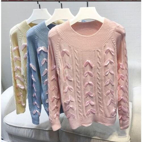 Alpha Women Knitted Sweater Costumes 2016 Autumn Winter Ribbon Long Sleeve Woman Loose Sweater Tops Preppy Style Pink Blue Beige