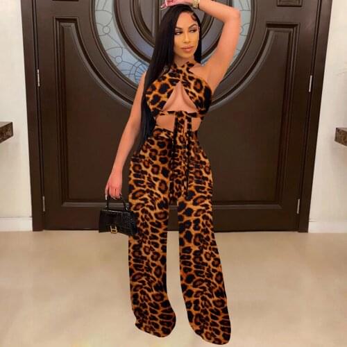 2021 New Womens Halter Neck Printed Crop Top And Wide Leg Pant Set Two-Piece Suits Summer Laced Bandage Matching Set Club Wear
