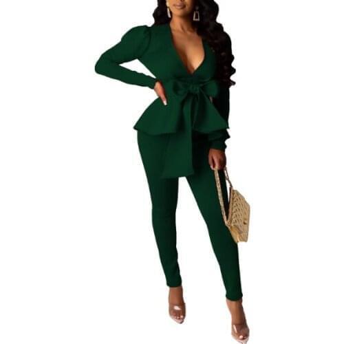 2021 Winter Womens Set Tracksuit Plus Size Ruffles Bow Blazers Pants Suit 2 Two Piece Set Office Lady Business Uniform Outfits
