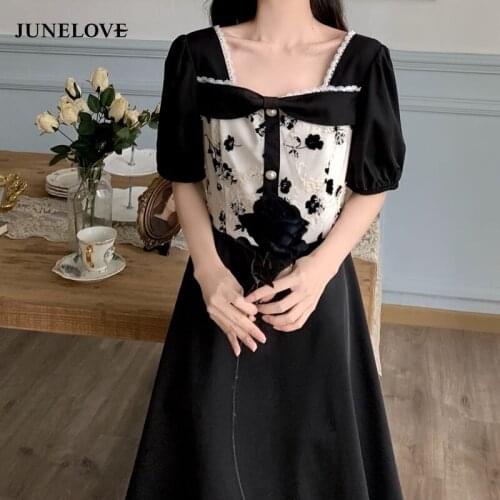 JuneLove New Summer Dresses Women Black Square Collar Puff Sleeve Vintage A-line Dress Female Print Korean Clothing Vestidos