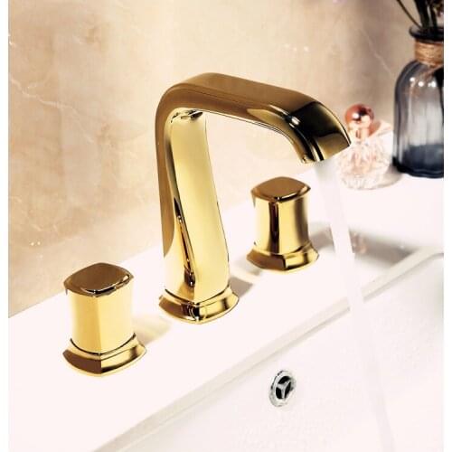Gold Pvd bathroom sink faucet Widespread Three holes Double handles Basin mixer faucet tap Deck mounted