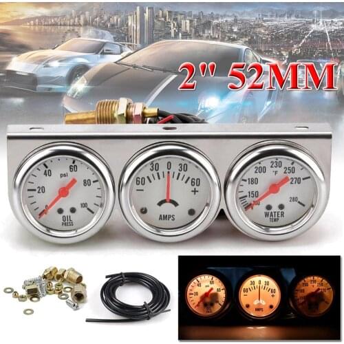 2inch Chrome Panel Oil Pressure Gauge 0-80 PSI Water Temp Gauge Amp Meter Triple Gauge Set For 12V Gasoline Vehicle